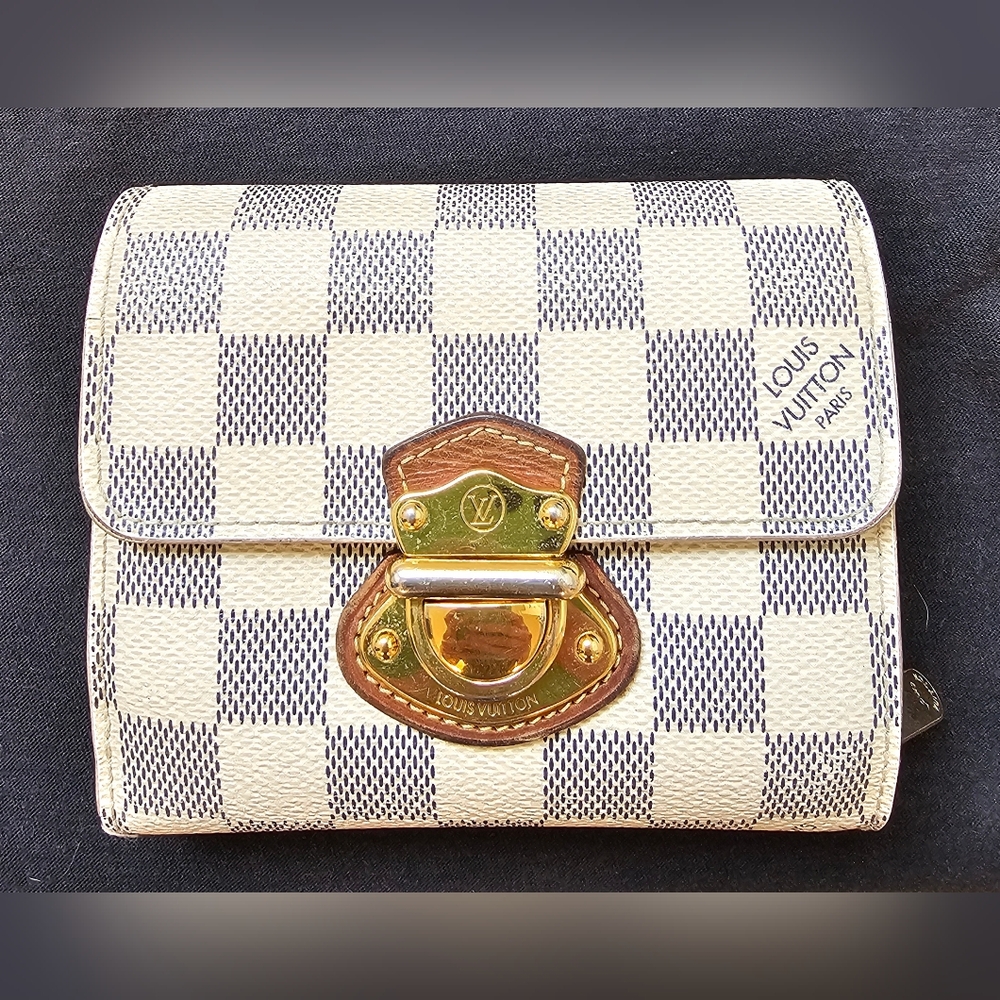 Louis Vuitton Damier Azur Canvas Joey Small Wallet with Gold Hardware